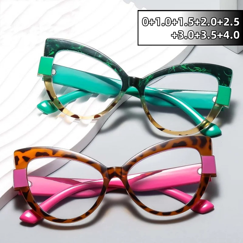 Travel Reading Accessories - Gepersonaliseerde groot frame kleurblokkeerde kattenogen leesbril